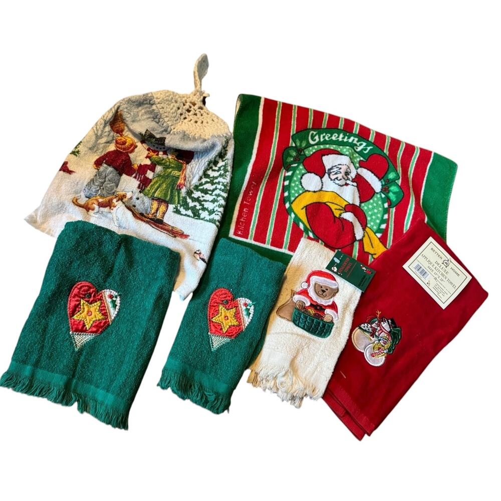 Lot 6 Christmas Kitchen Towels Vintage Franco Santa Snowman Bear Heart Holiday